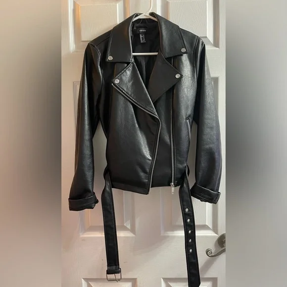 Faux leather biker jacket with belt - Picture 3 of 5